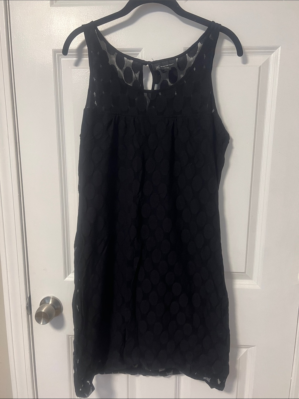 INC International Concepts Black Sleeveless Sheath with Dot Mesh Overlay